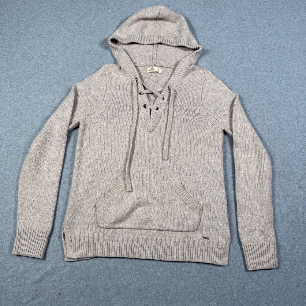 Hollister California Womens Lace Up Knit Hoodie Sweater Oatmeal Beige Small